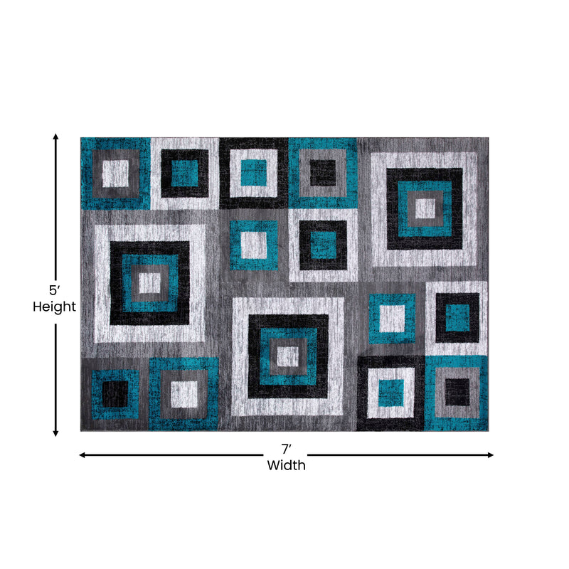 Turquoise,5' x 7' |#| Modern Geometric Design Area Rug in Turquoise, Grey, and White - 5' x 7'