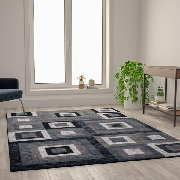 Blue,6' x 9' |#| Modern Geometric Design Area Rug in Blue, Grey, and White - 6' x 9'