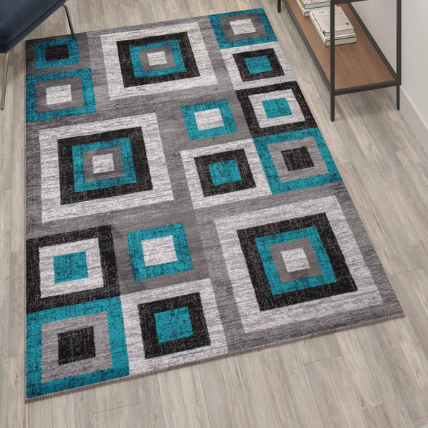 Turquoise,5' x 7' |#| Modern Geometric Design Area Rug in Turquoise, Grey, and White - 5' x 7'