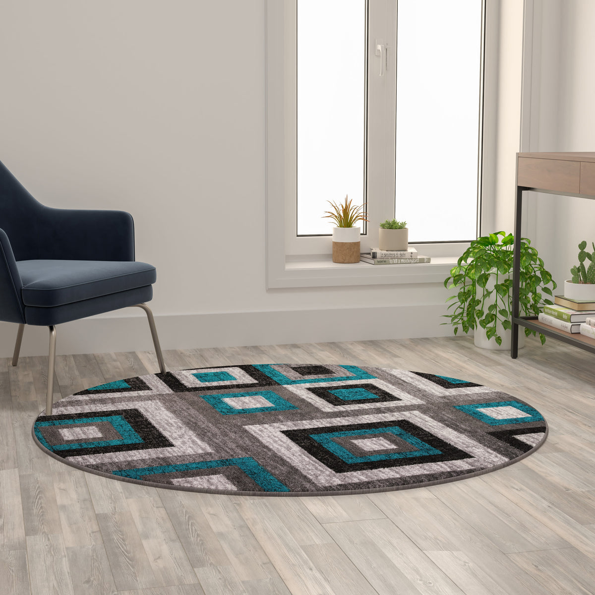 Turquoise,5' Round |#| Modern Round Geometric Design Area Rug in Turquoise, Grey, and White - 5' x 5'