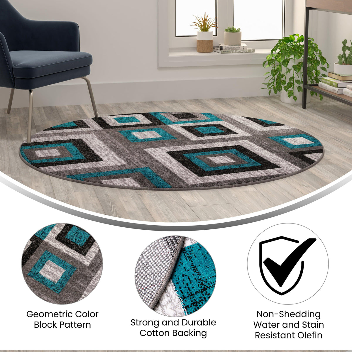 Turquoise,5' Round |#| Modern Round Geometric Design Area Rug in Turquoise, Grey, and White - 5' x 5'