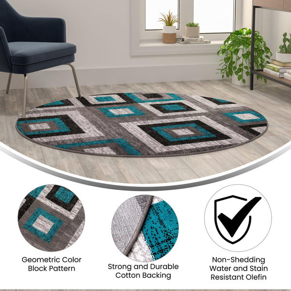 Turquoise,5' Round |#| Modern Round Geometric Design Area Rug in Turquoise, Grey, and White - 5' x 5'