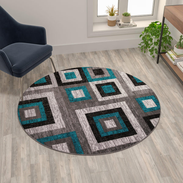 Turquoise,5' Round |#| Modern Round Geometric Design Area Rug in Turquoise, Grey, and White - 5' x 5'