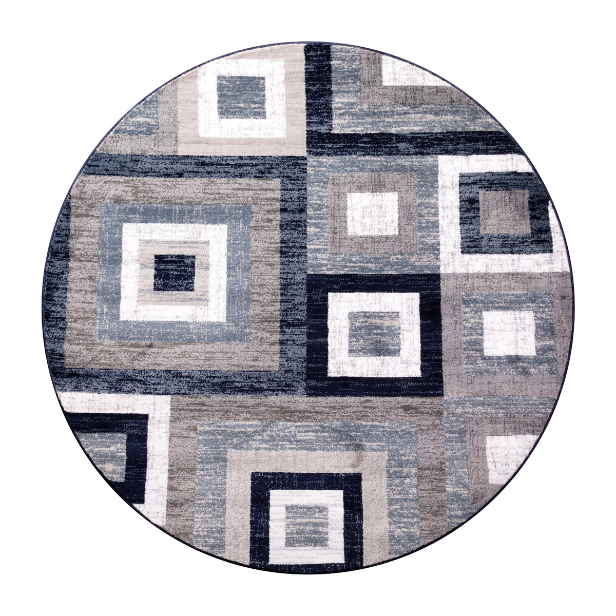 Blue,5' Round |#| Modern Round Geometric Design Area Rug in Blue, Grey, and White - 5' x 5'