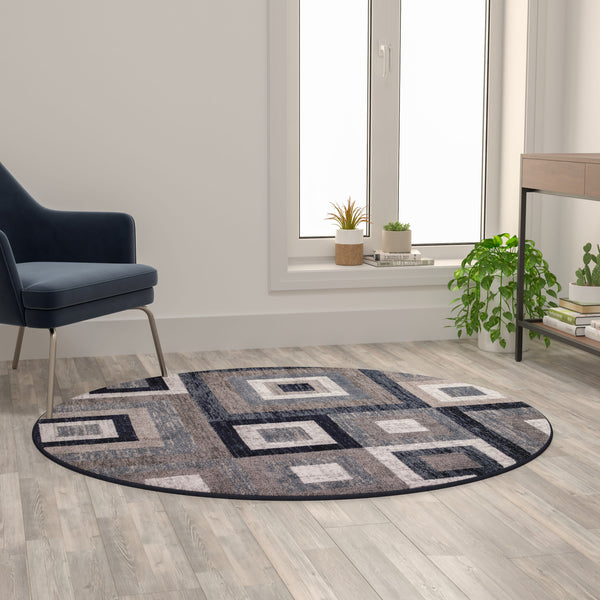 Blue,5' Round |#| Modern Round Geometric Design Area Rug in Blue, Grey, and White - 5' x 5'