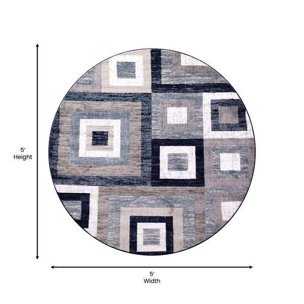 Blue,5' Round |#| Modern Round Geometric Design Area Rug in Blue, Grey, and White - 5' x 5'