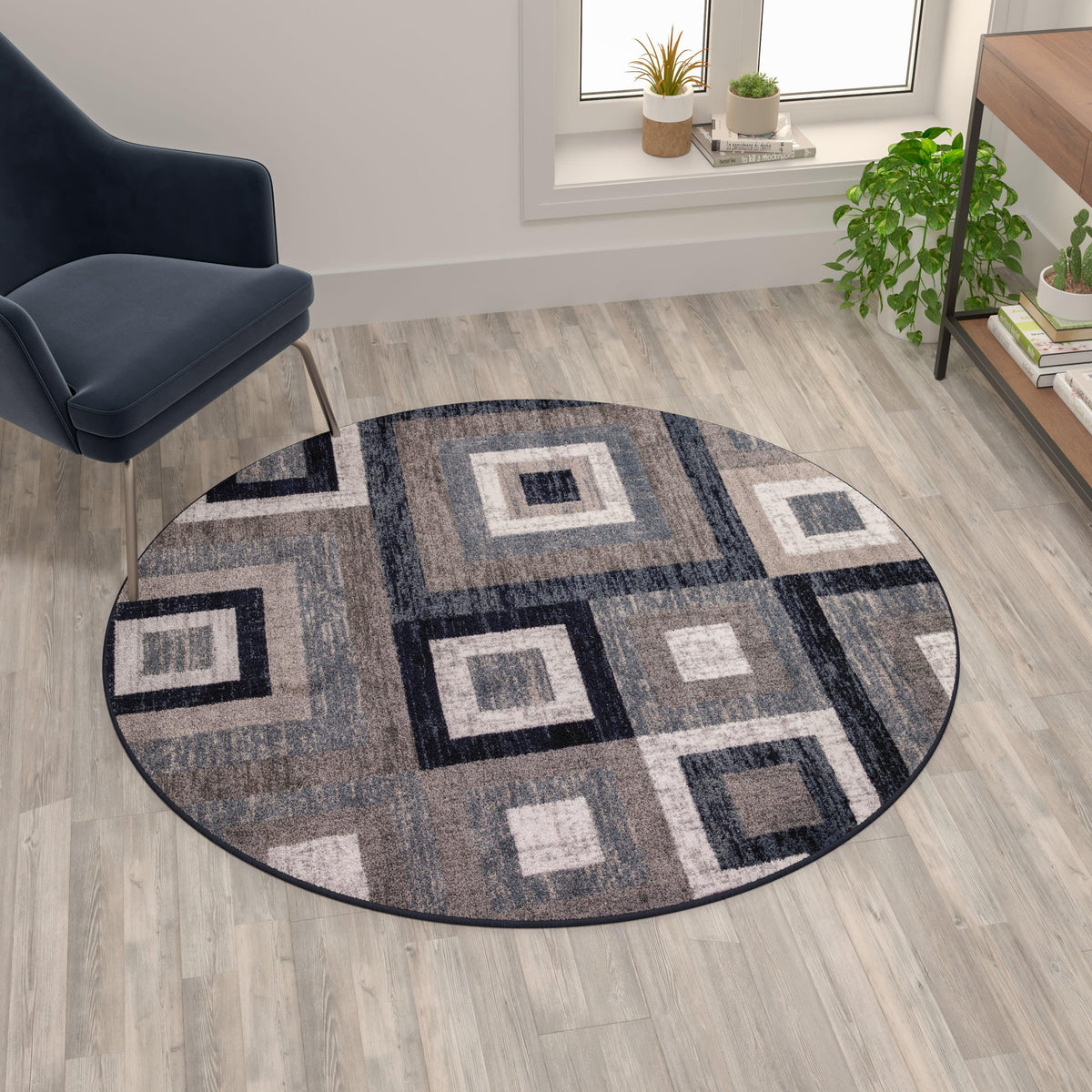 Blue,5' Round |#| Modern Round Geometric Design Area Rug in Blue, Grey, and White - 5' x 5'