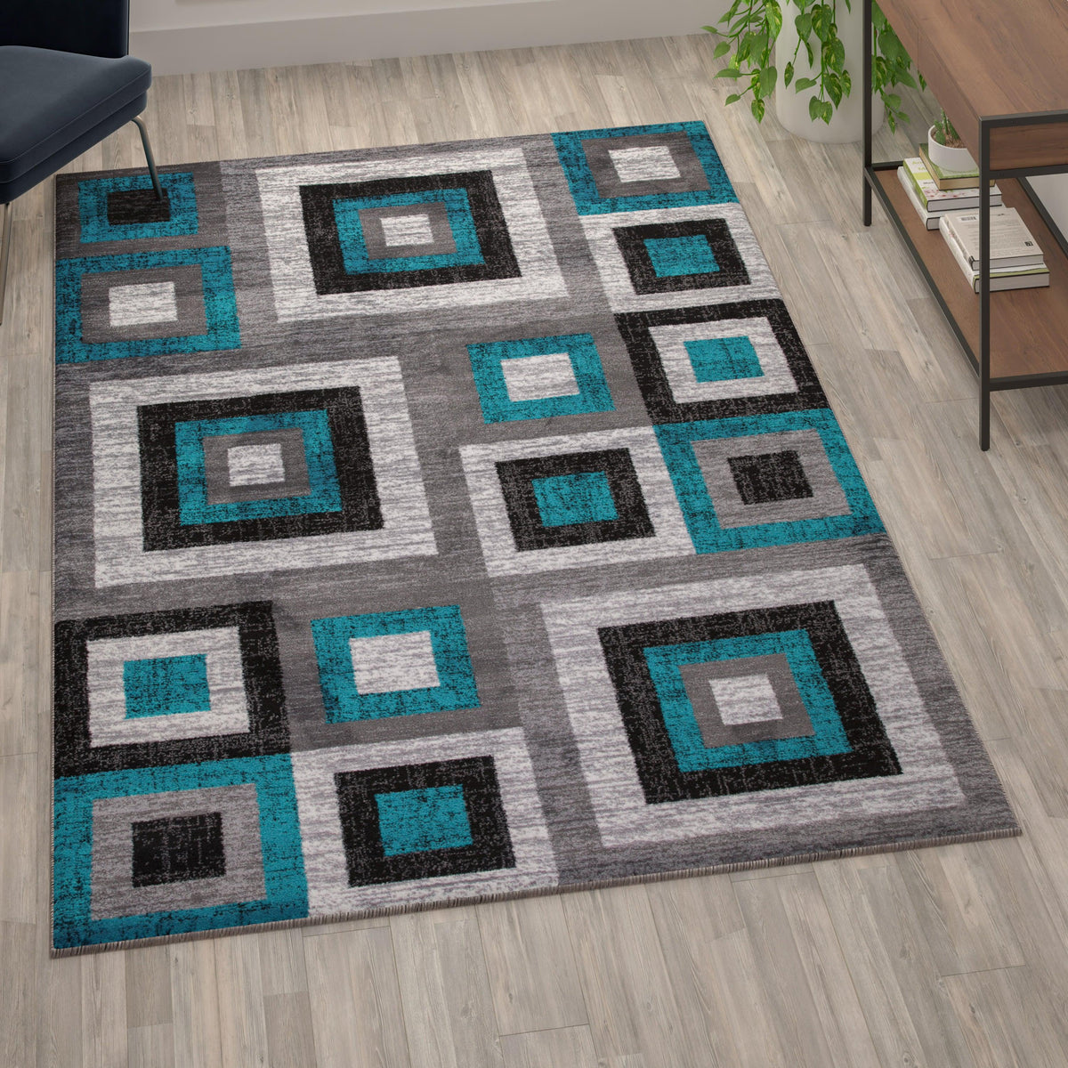 Turquoise,6' x 9' |#| Modern Geometric Design Area Rug in Turquoise, Grey, and White - 6' x 9'