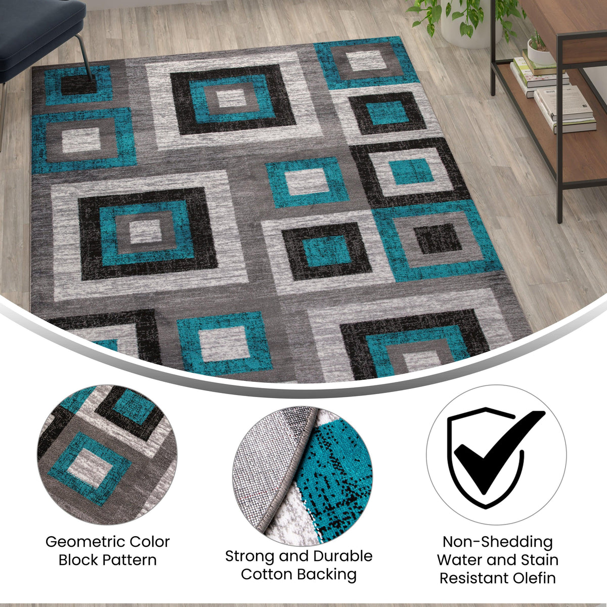 Turquoise,6' x 9' |#| Modern Geometric Design Area Rug in Turquoise, Grey, and White - 6' x 9'