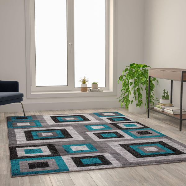 Turquoise,6' x 9' |#| Modern Geometric Design Area Rug in Turquoise, Grey, and White - 6' x 9'