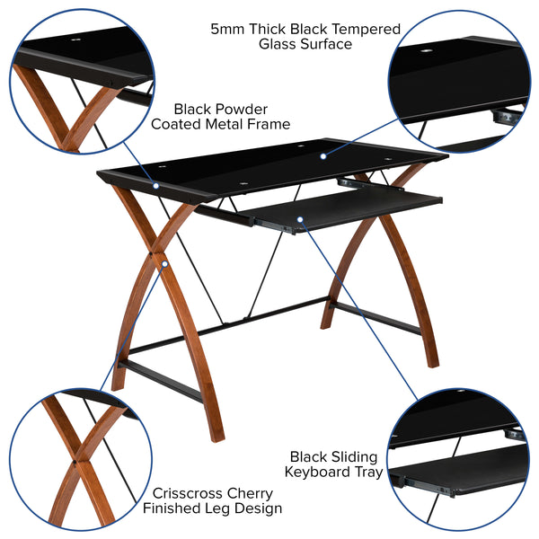 Black Top/Cherry Frame |#| Black Glass Computer Desk with Pull-Out Keyboard Tray and Crisscross Frame