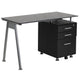 Black Computer Desk with Tempered Black Glass Top and Three Drawer Pedestal