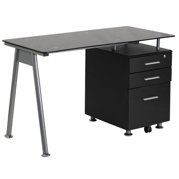 Black Computer Desk with Tempered Black Glass Top and Three Drawer Pedestal
