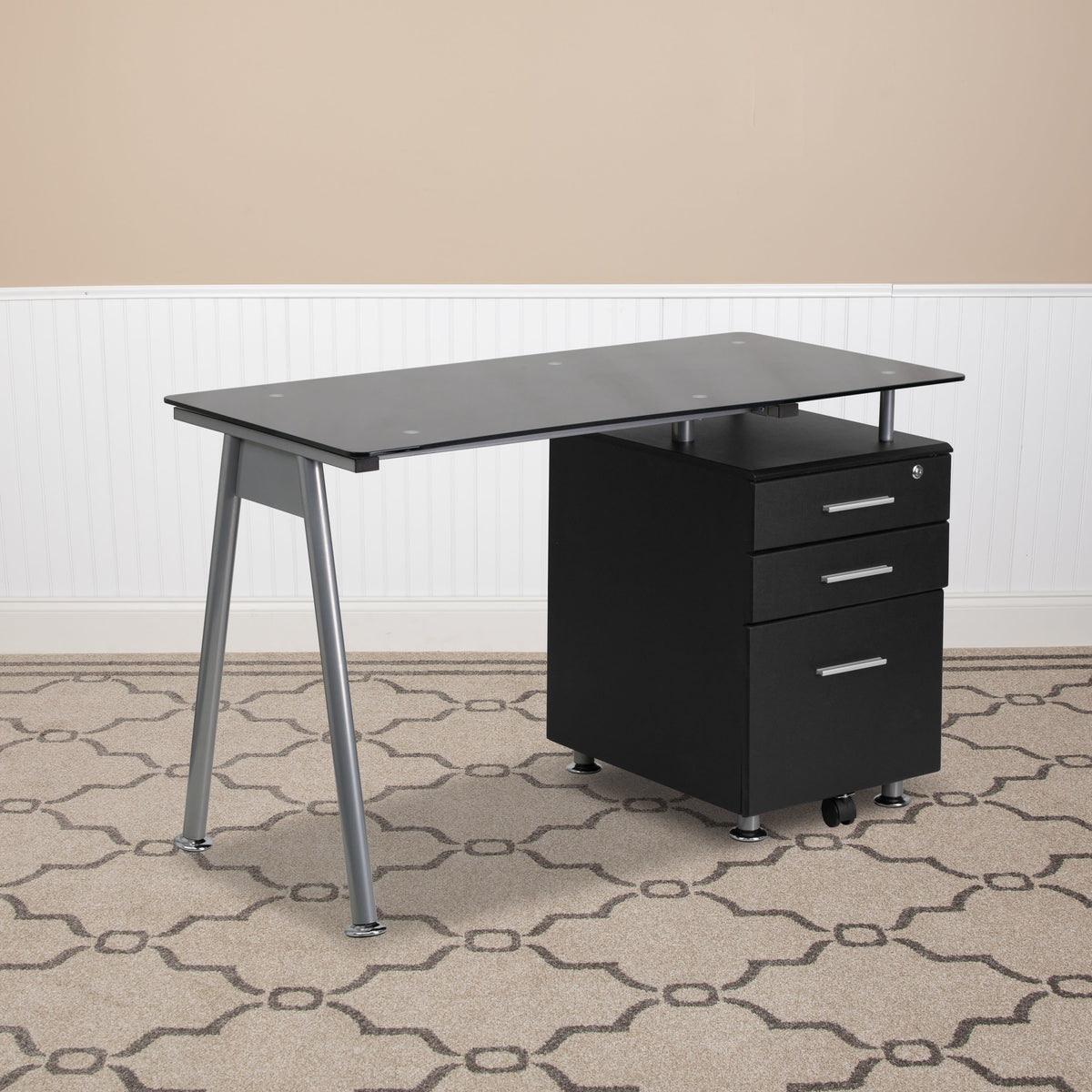 Black Computer Desk with Tempered Black Glass Top and Three Drawer Pedestal