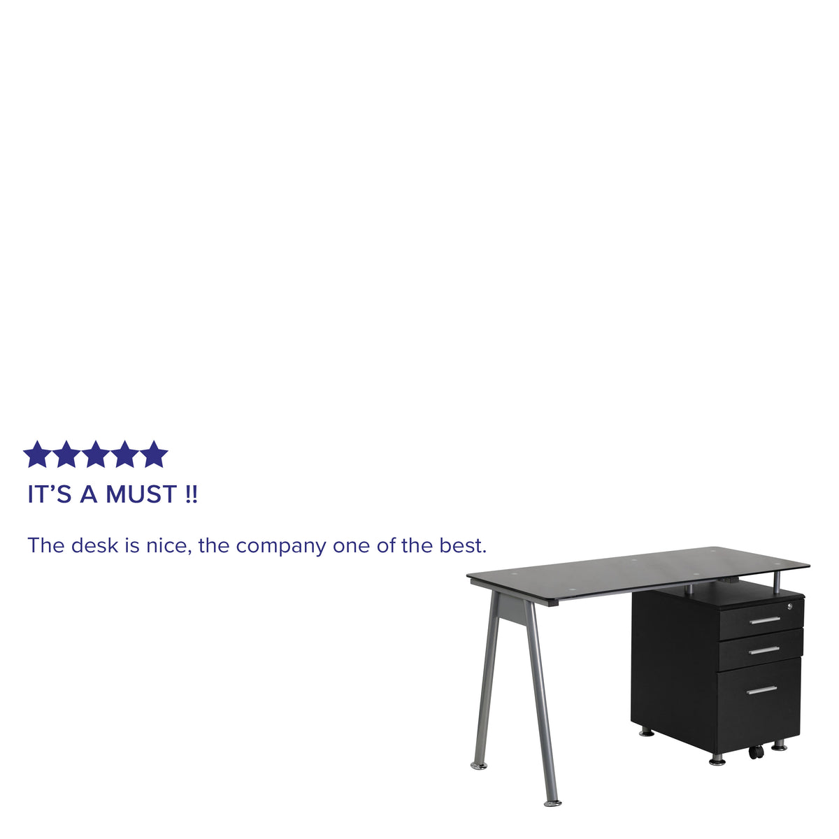 Black Computer Desk with Tempered Black Glass Top and Three Drawer Pedestal