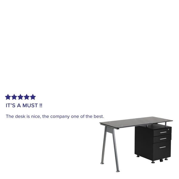 Black Computer Desk with Tempered Black Glass Top and Three Drawer Pedestal