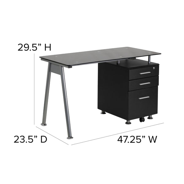 Black Computer Desk with Tempered Black Glass Top and Three Drawer Pedestal