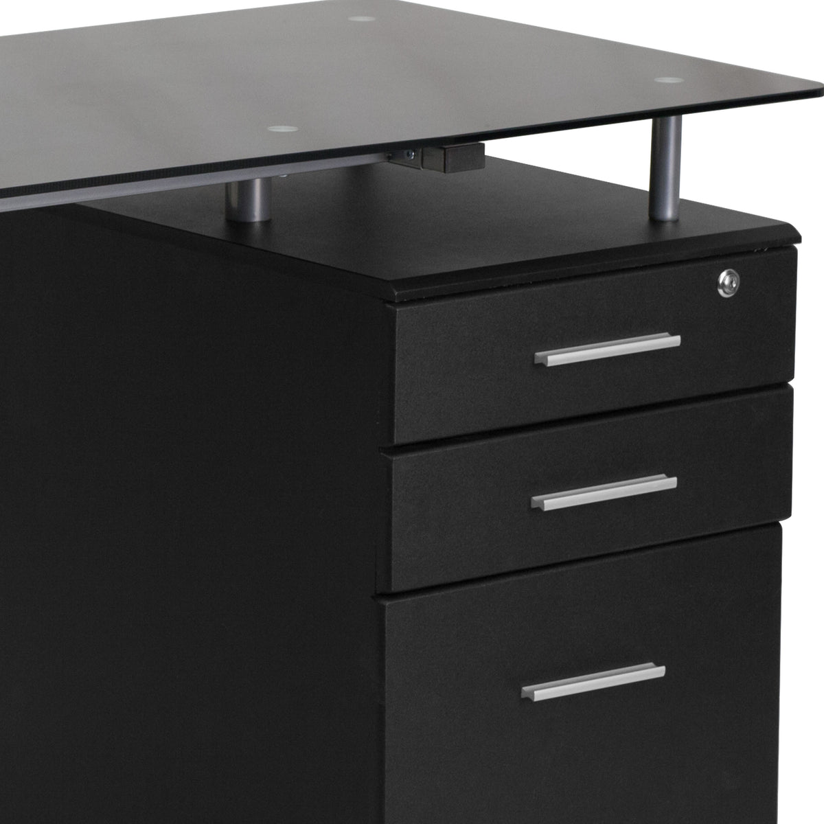 Black Computer Desk with Tempered Black Glass Top and Three Drawer Pedestal