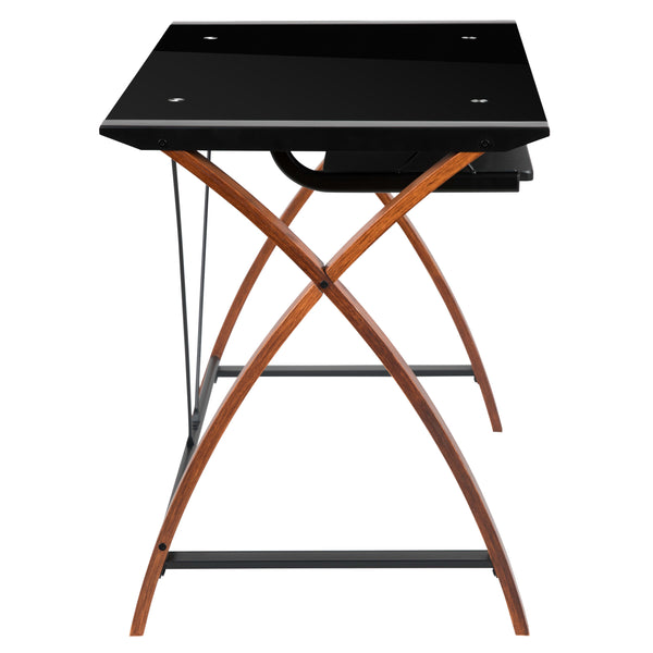 Black Top/Cherry Frame |#| Black Glass L-Shape Corner Computer Desk with Pull-Out Keyboard Tray