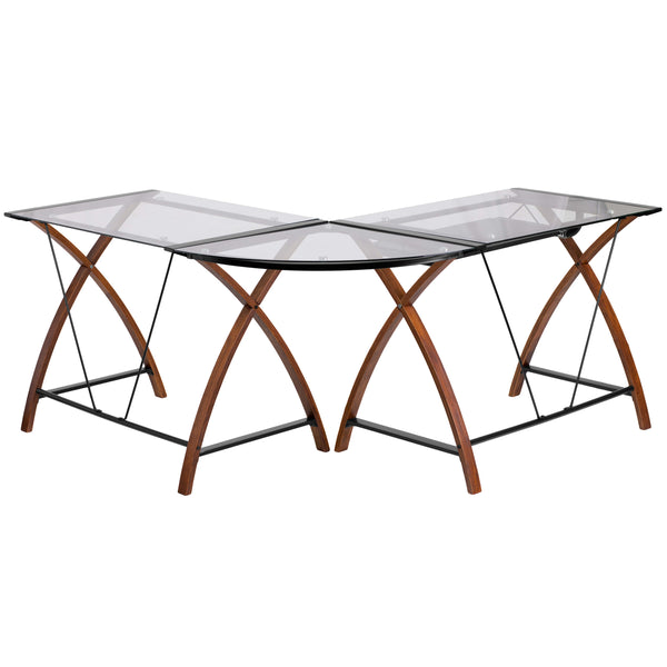 Clear Top/Cherry Frame |#| Glass L-Shape Desk with Pull-Out Keyboard Tray & Cherry Finish Crisscross Legs