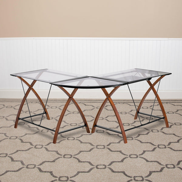 Clear Top/Cherry Frame |#| Glass L-Shape Desk with Pull-Out Keyboard Tray & Cherry Finish Crisscross Legs