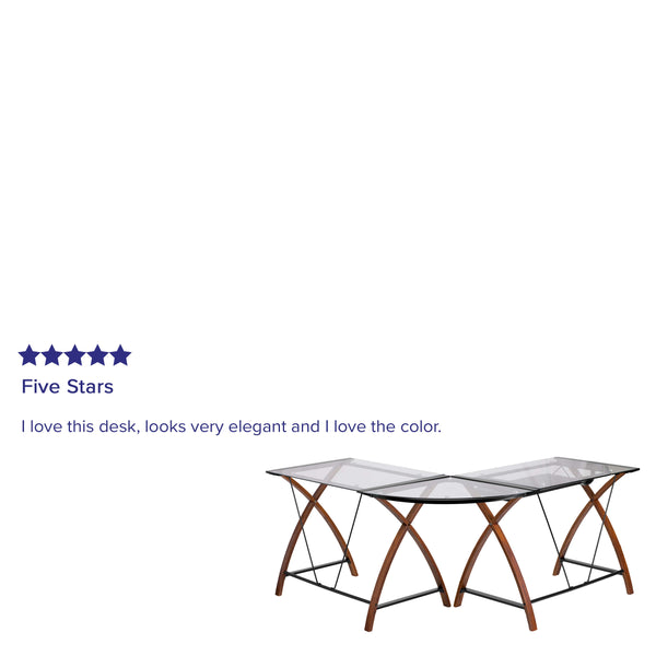 Clear Top/Cherry Frame |#| Glass L-Shape Desk with Pull-Out Keyboard Tray & Cherry Finish Crisscross Legs