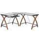 Clear Top/Cherry Frame |#| Glass L-Shape Desk with Pull-Out Keyboard Tray & Cherry Finish Crisscross Legs