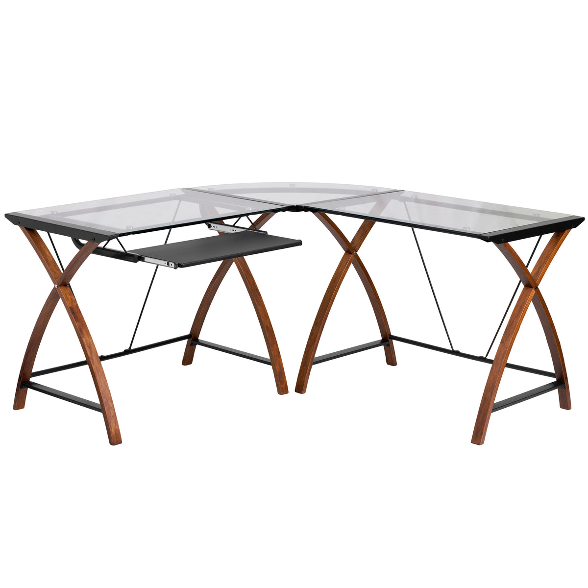Clear Top/Cherry Frame |#| Glass L-Shape Desk with Pull-Out Keyboard Tray & Cherry Finish Crisscross Legs