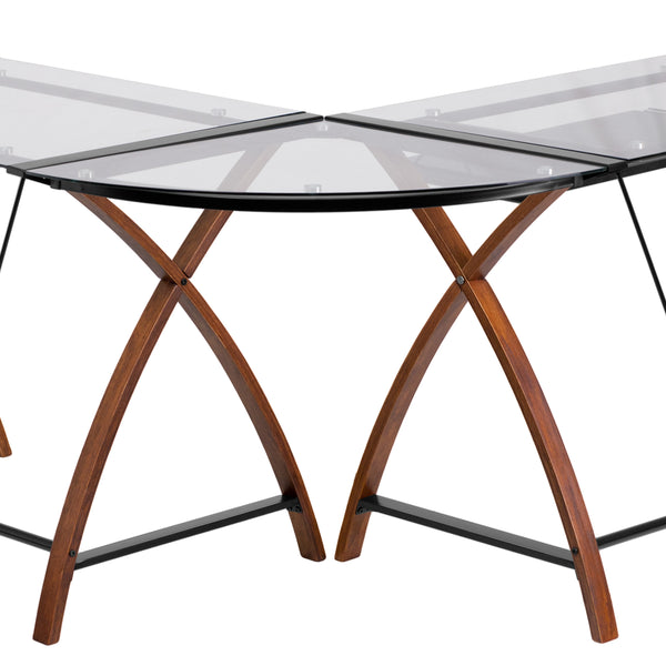Clear Top/Cherry Frame |#| Glass L-Shape Desk with Pull-Out Keyboard Tray & Cherry Finish Crisscross Legs