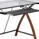 Clear Top/Cherry Frame |#| Glass L-Shape Desk with Pull-Out Keyboard Tray & Cherry Finish Crisscross Legs