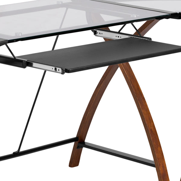 Clear Top/Cherry Frame |#| Glass L-Shape Desk with Pull-Out Keyboard Tray & Cherry Finish Crisscross Legs