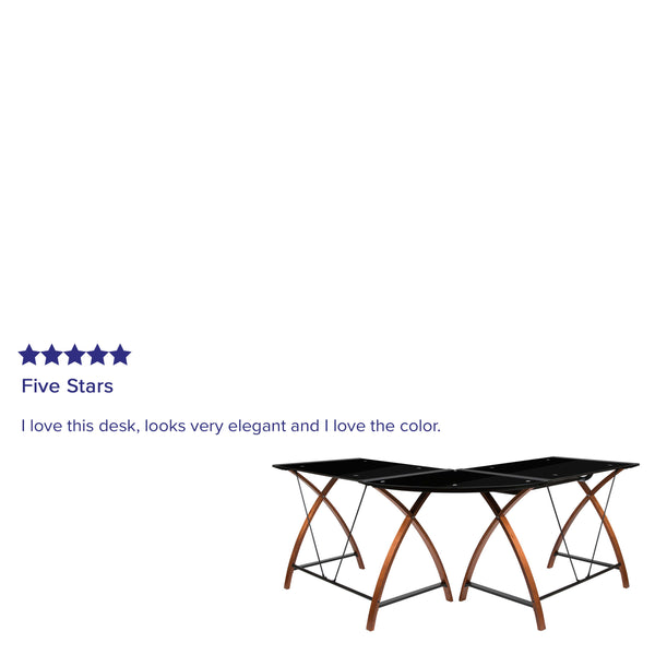 Black Top/Cherry Frame |#| Black Glass L-Shape Corner Computer Desk with Pull-Out Keyboard Tray