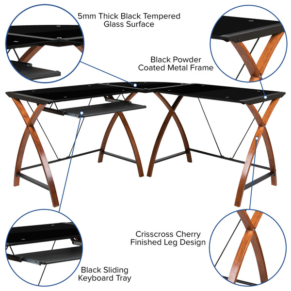 Black Top/Cherry Frame |#| Black Glass L-Shape Corner Computer Desk with Pull-Out Keyboard Tray