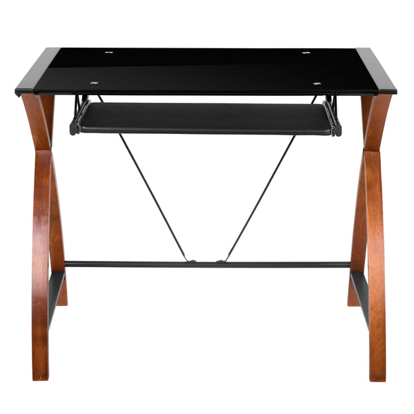 Black Top/Cherry Frame |#| Black Glass L-Shape Corner Computer Desk with Pull-Out Keyboard Tray