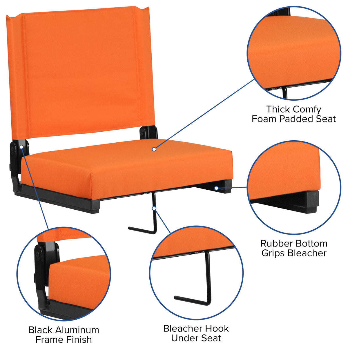 Orange |#| 500 lb. Rated Lightweight Stadium Chair-Handle-Padded Seat, Orange