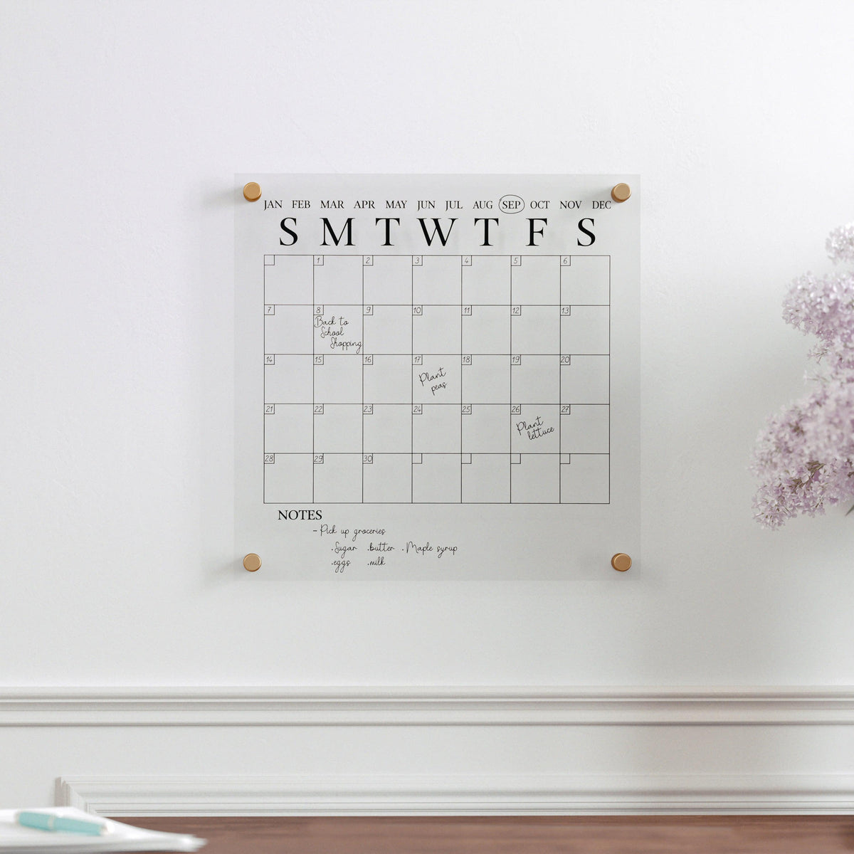 Clear/Black |#| Premium Clear Acrylic Wall Calendar with Black Printing and Dry Erase Marker