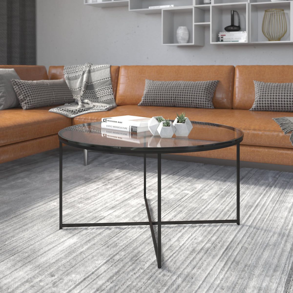 Clear Top/Matte Black Frame |#| Clear Glass Living Room Coffee Table with Crisscross Matte Black Metal Frame