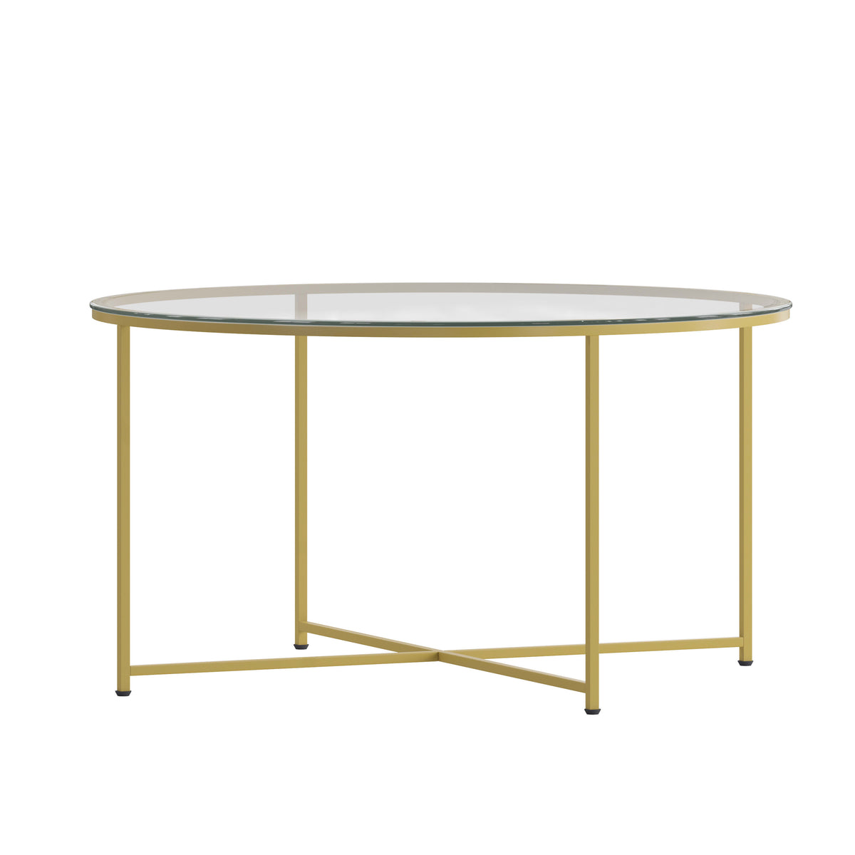 Clear Top/Brushed Gold Frame |#| Clear Glass Living Room Coffee Table with Crisscross Brushed Gold Metal Frame