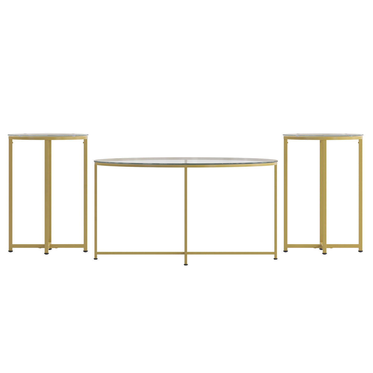 Clear Top/Brushed Gold Frame |#| Clear Glass Table Set with Brushed Gold X Metal Frame-Coffee Table-2 End Tables