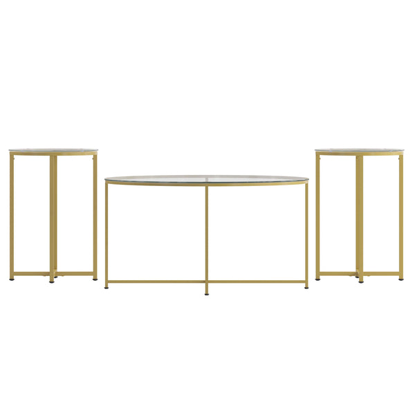 Clear Top/Brushed Gold Frame |#| Clear Glass Table Set with Brushed Gold X Metal Frame-Coffee Table-2 End Tables