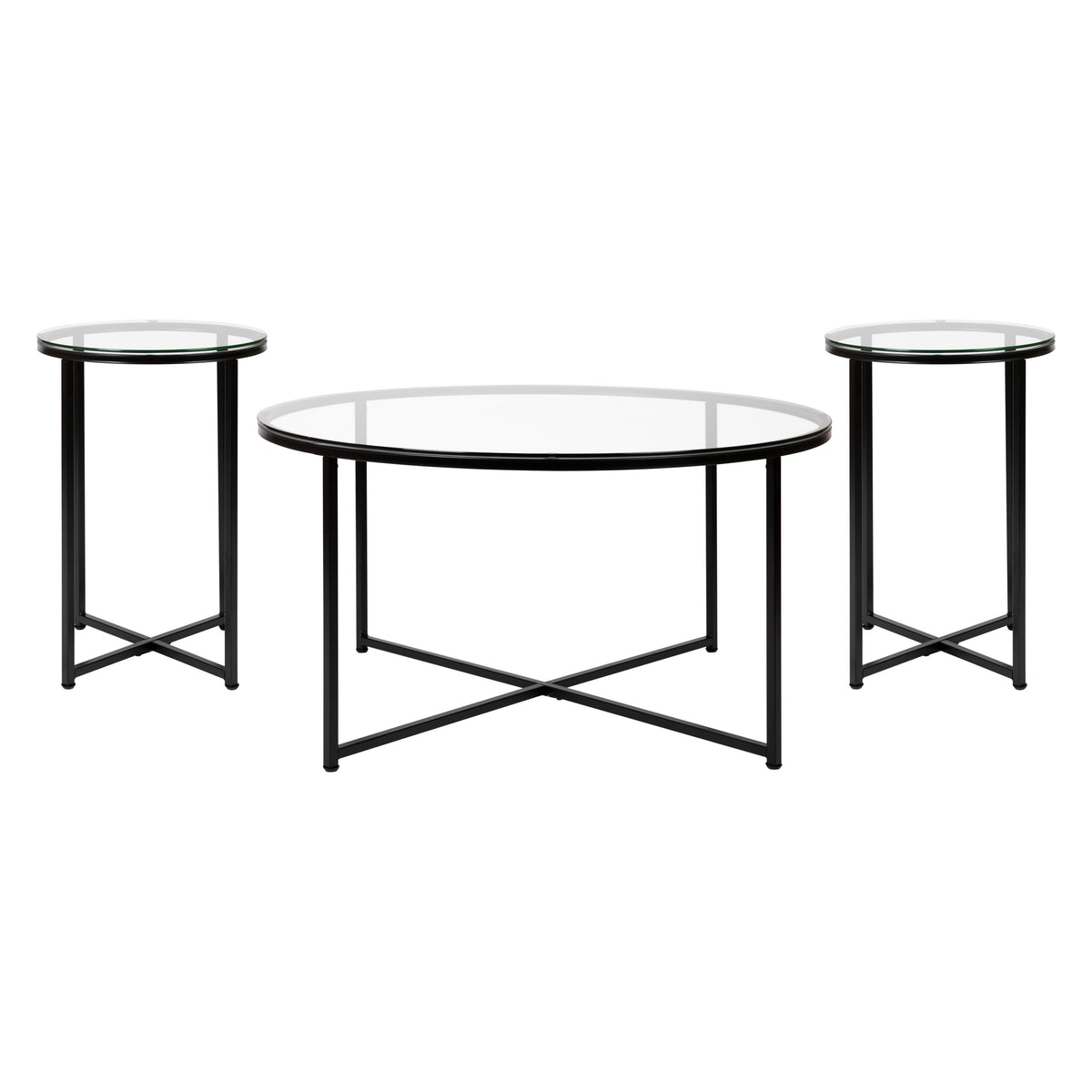 Clear Top/Matte Black Frame |#| Clear Glass Table Set with Matte Black X Metal Frame-Coffee Table-2 End Tables