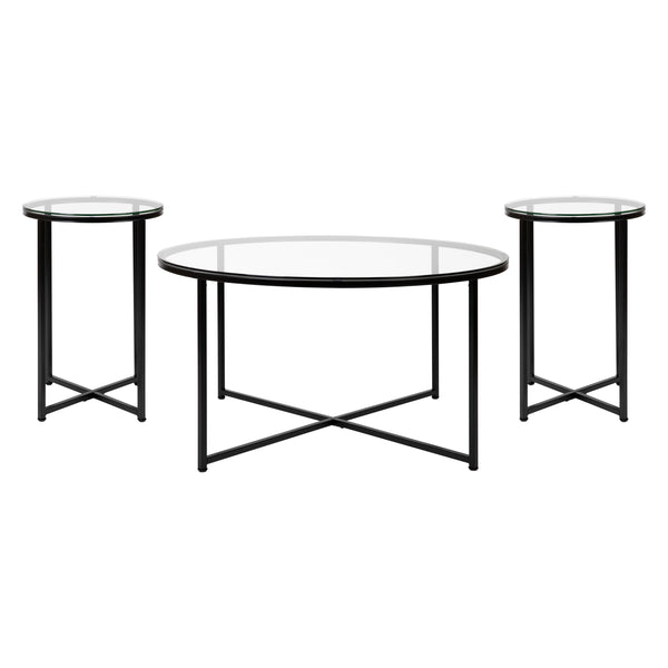 Clear Top/Matte Black Frame |#| Clear Glass Table Set with Matte Black X Metal Frame-Coffee Table-2 End Tables