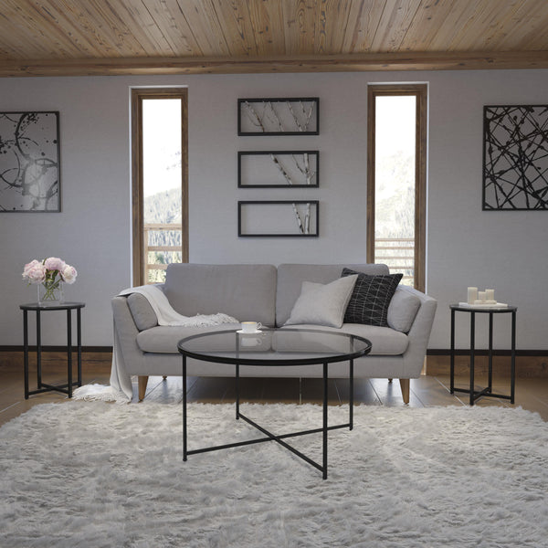 Clear Top/Matte Black Frame |#| Clear Glass Table Set with Matte Black X Metal Frame-Coffee Table-2 End Tables