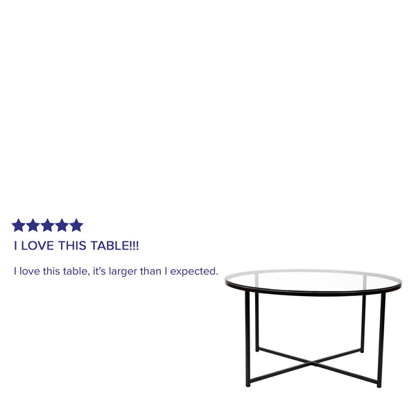 Clear Top/Matte Black Frame |#| Clear Glass Table Set with Matte Black X Metal Frame-Coffee Table-2 End Tables