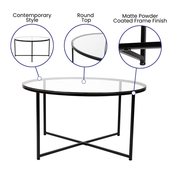 Clear Top/Matte Black Frame |#| Clear Glass Table Set with Matte Black X Metal Frame-Coffee Table-2 End Tables