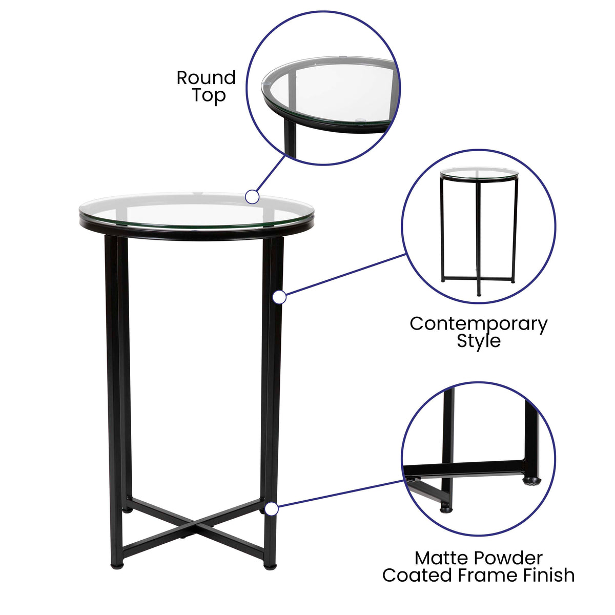 Clear Top/Matte Black Frame |#| Clear Glass Table Set with Matte Black X Metal Frame-Coffee Table-2 End Tables