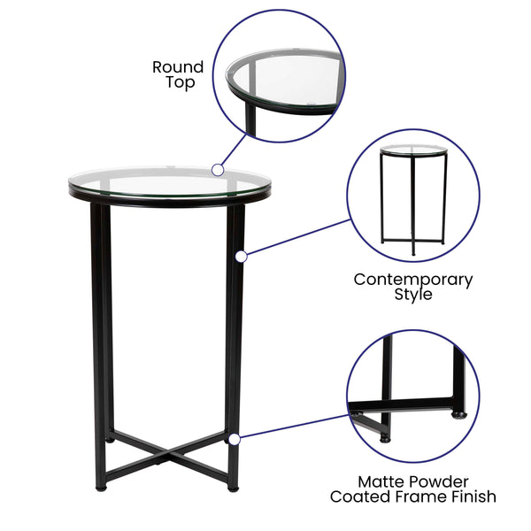 Clear Top/Matte Black Frame |#| Clear Glass Table Set with Matte Black X Metal Frame-Coffee Table-2 End Tables