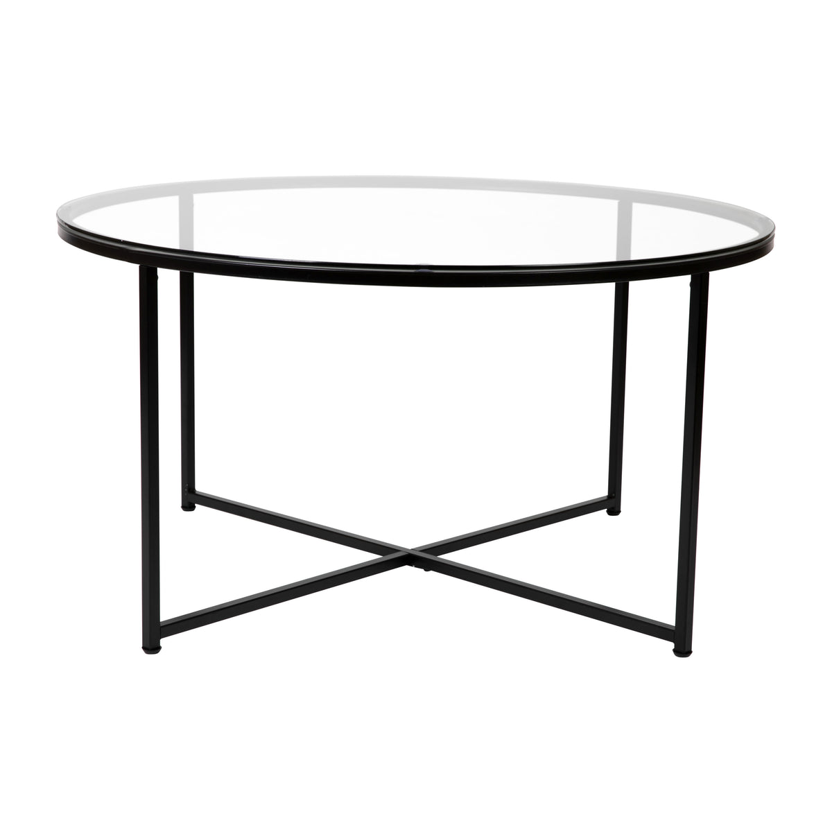 Clear Top/Matte Black Frame |#| Clear Glass Table Set with Matte Black X Metal Frame-Coffee Table-2 End Tables