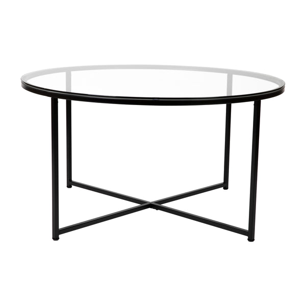 Clear Top/Matte Black Frame |#| Clear Glass Table Set with Matte Black X Metal Frame-Coffee Table-2 End Tables
