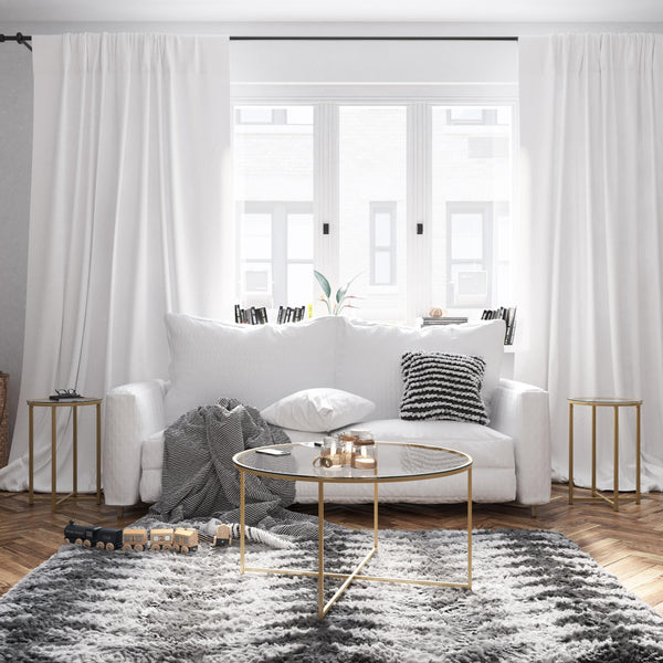 Clear Top/Brushed Gold Frame |#| Clear Glass Table Set with Brushed Gold X Metal Frame-Coffee Table-2 End Tables